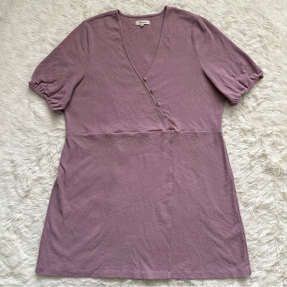 Madewell Dress Cross-Front Button Short Sleeve Mini Textured Purple 2X - Picture 3 of 12